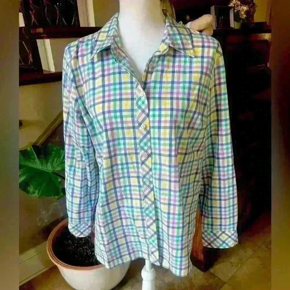Talbots ladies cotton blouse Large. NWOT. Checker stripes colorful. Long sleeve - Picture 4 of 9